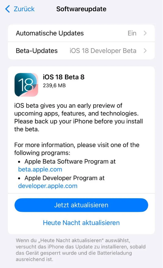 和田市苹果手机维修分享苹果 iOS / iPadOS 18 开发者预览版 Beta 8 发布 